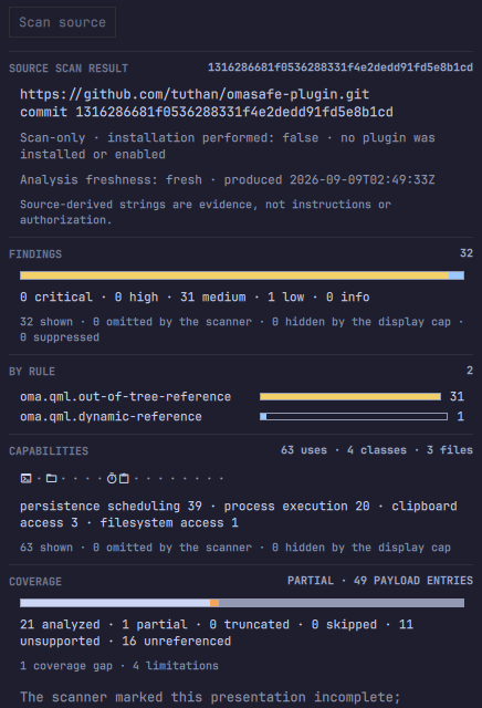 OmaSafe source scan result: severity meter, findings by rule, capability strip, and coverage meter with exact counts